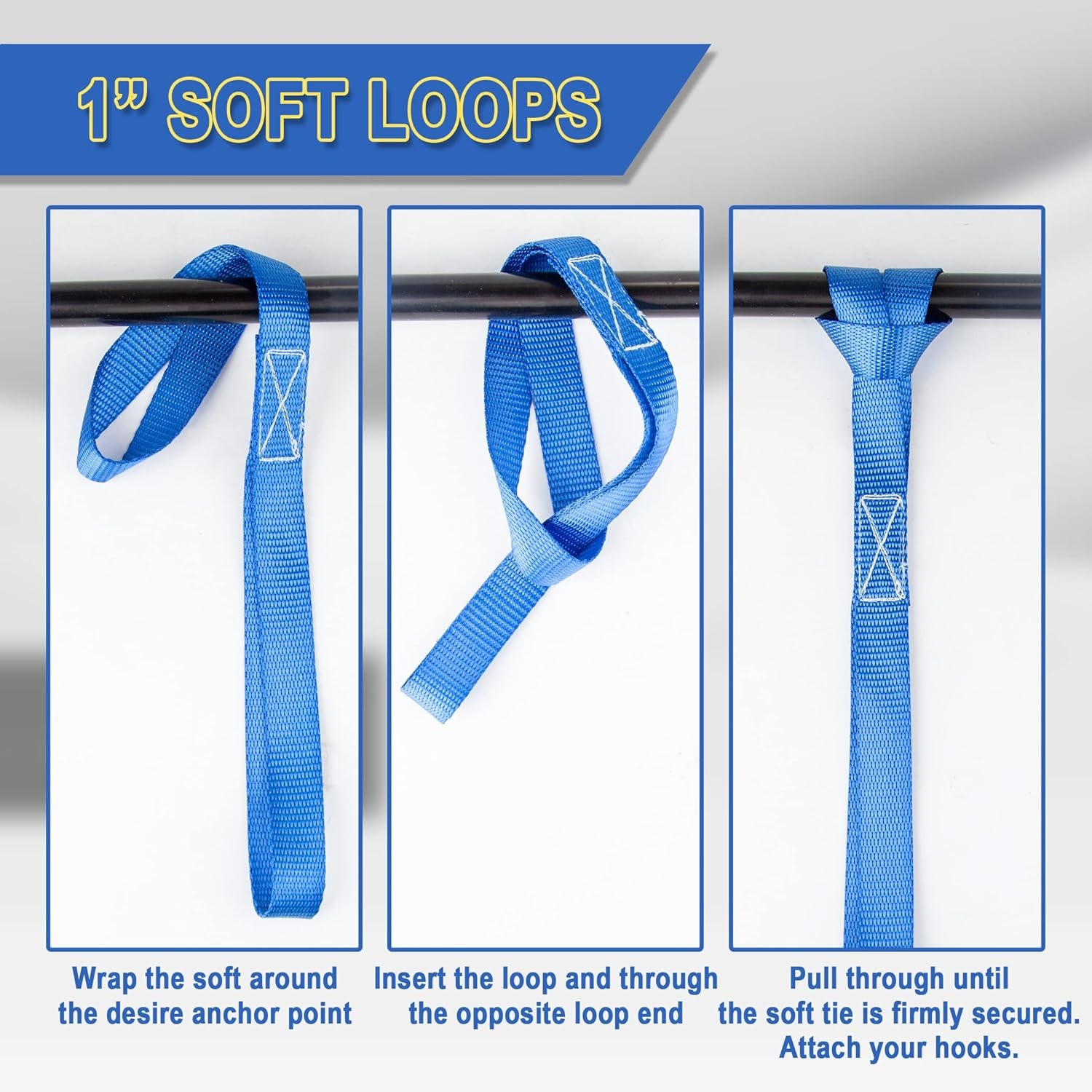 16 Pack 1"X18" Soft Loop Motorcycle Tie down Straps 3600Lbs Load Capacity Tie-Down Loops for Secure Trailering of Bikes, ATV, Lawn Equipment, Blue
